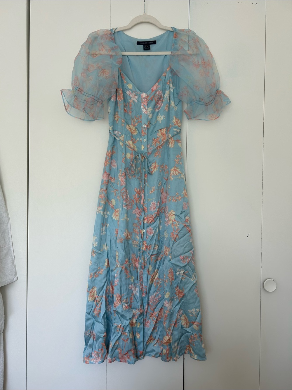 French Connection Dusty Blue Floral Maxi Dress with Puff Sleeves